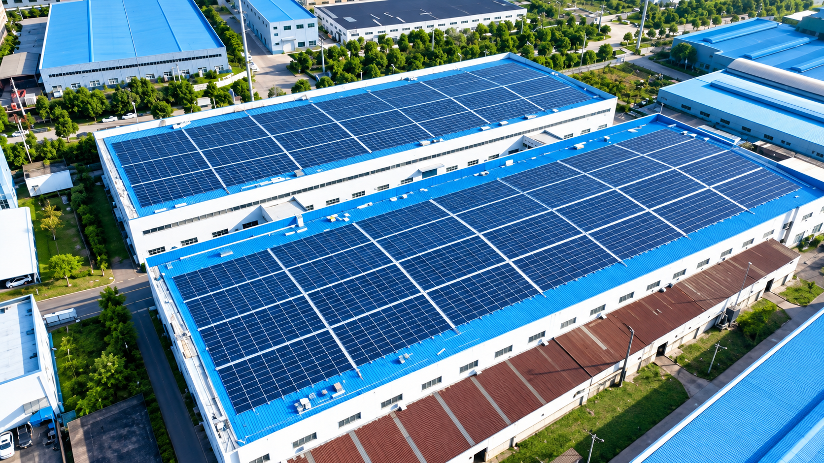 Solar rooftop building with city skyline