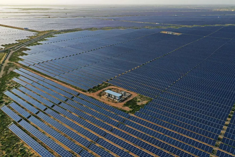 Large solar farm with photovoltaic panels for renewable energy generation